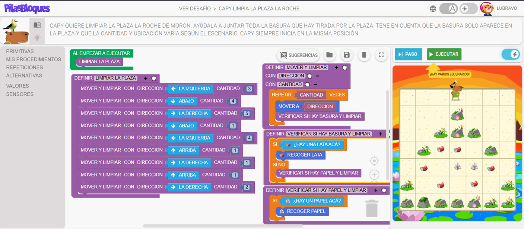 Programa y escenario de un desafío creado en Pilas Bloques