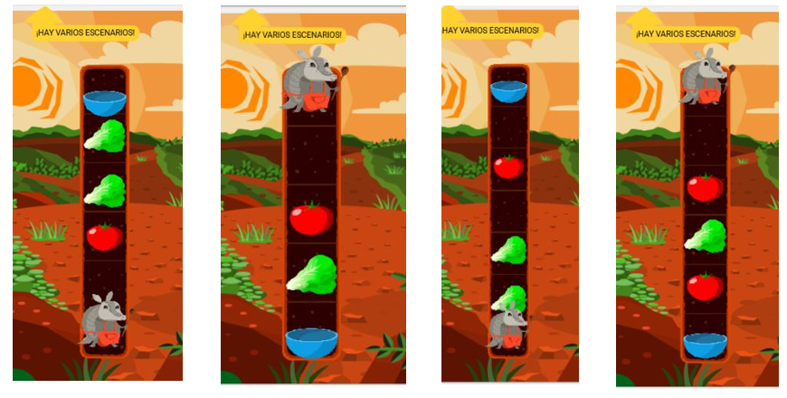 Cuatro escenarios de Pilas Bloques con Mañic, tomates, lechugas y ensaladeras
